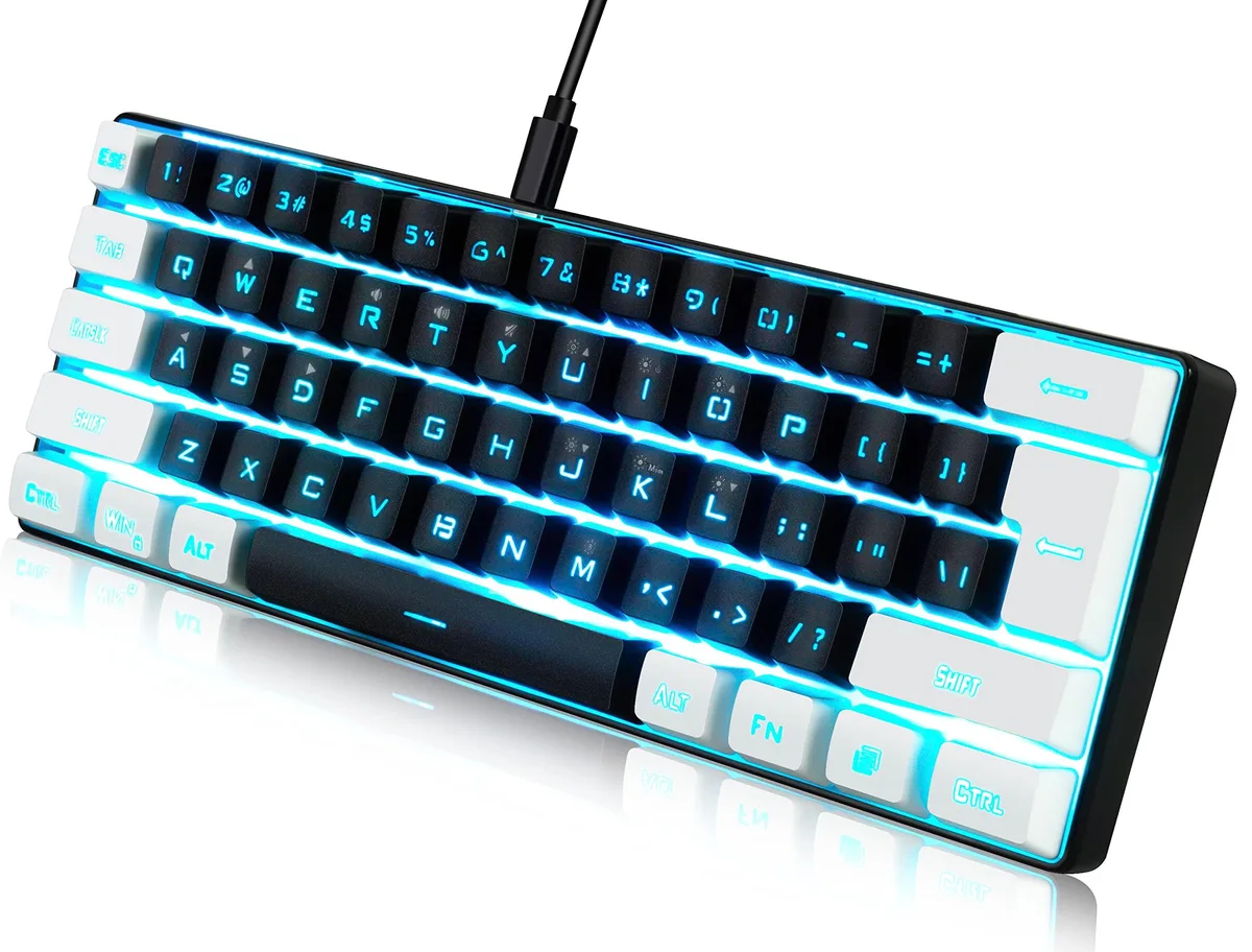 Compact 61-key wired keyboard in black-white plastic with RGB backlighting and detachable USB-C cable