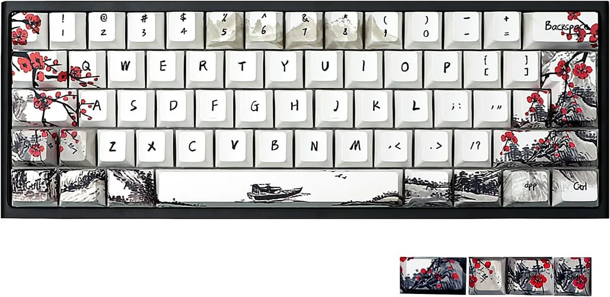 Set of 80 PBT keycaps in cherry profile with plum blossom dye-sublimated legends, 60% layout