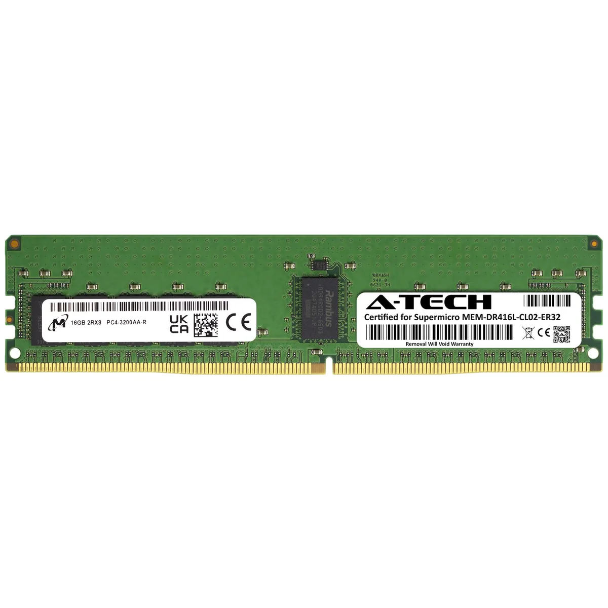 Green rectangular server memory module with gold edge contacts and black chips