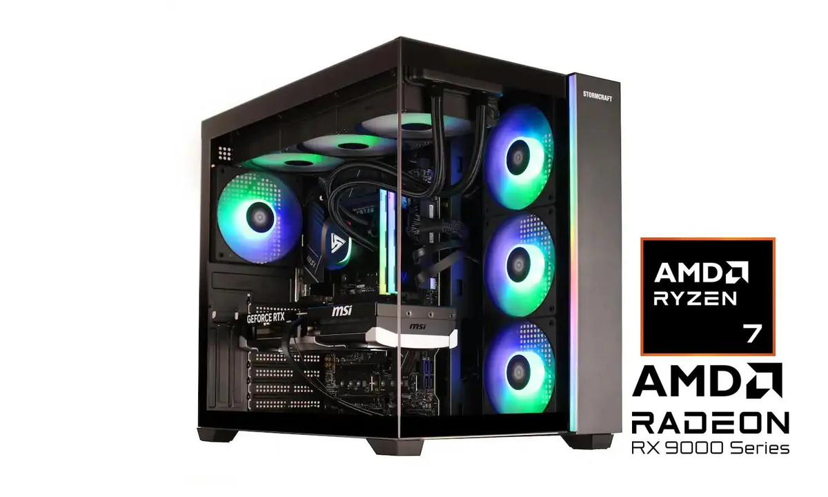 STORMCRAFT STORMCRAFT FA780XDCB-97BN1 gaming PC Ryzen 7 7800X3D Radeon RX 9070 XT 16GB 32GB DDR5 1TB NVMe — product photo