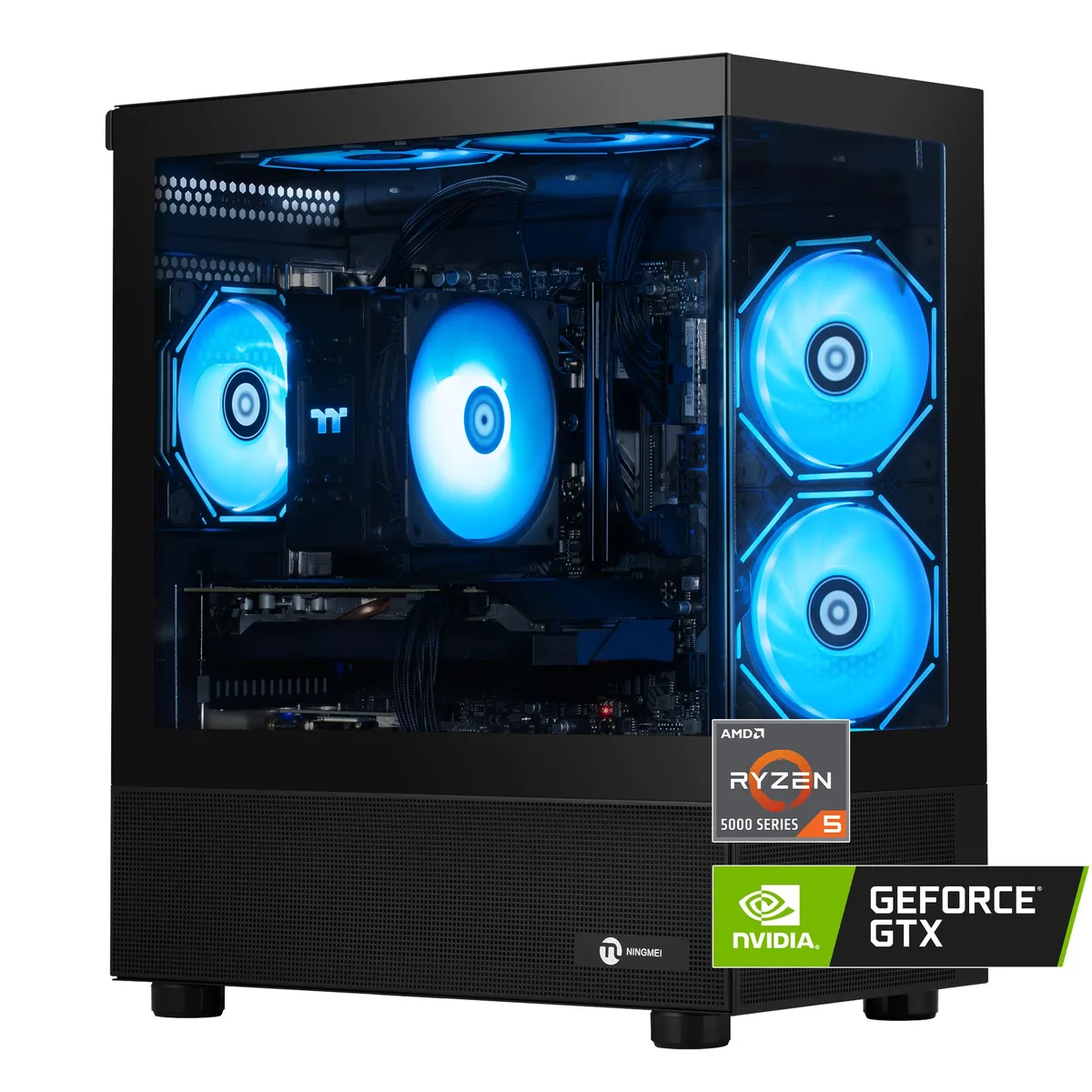 Black mid-tower gaming desktop with six ARGB ring fans and RGB CPU cooler