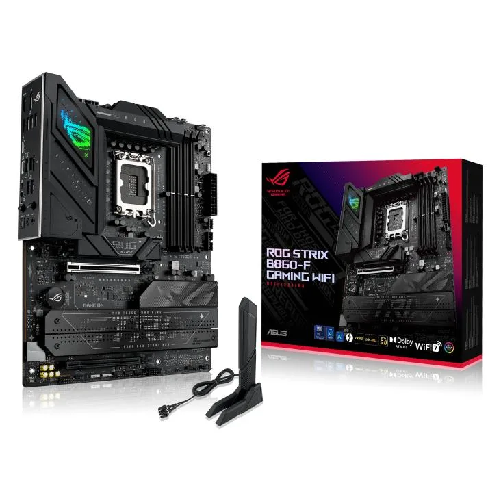 Black ATX motherboard with silver heatsinks and RGB accents