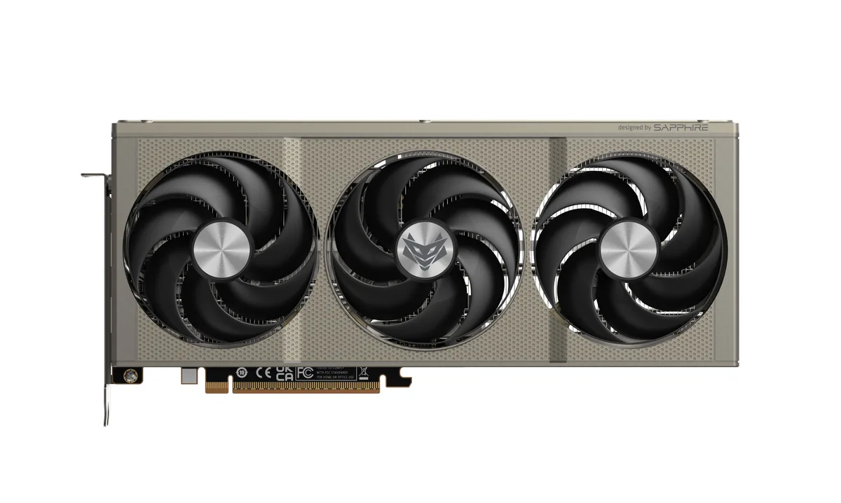 Triple-fan ATX graphics card, matte black shroud with silver accents, 300 mm long, 2.7-slot width