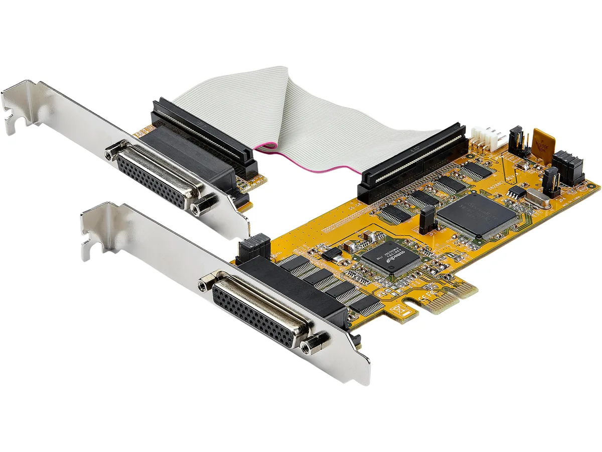 Low-profile PCIe card with two DB44 breakout cables each splitting into four DB9 ports