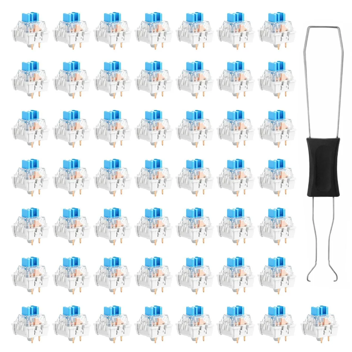 Fifty blue clicky switches and a puller, transparent acrylic zinc alloy housings, 0.71 by 0.62 inch, three-pin MX style