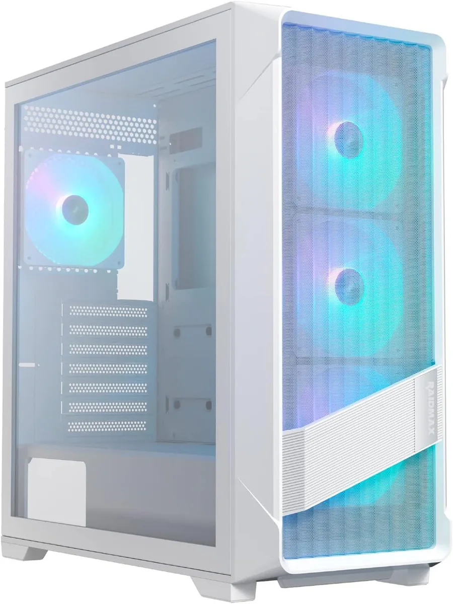 White mid-tower ATX case with mesh front panel, tempered glass side window, four pre-installed ARGB front fans