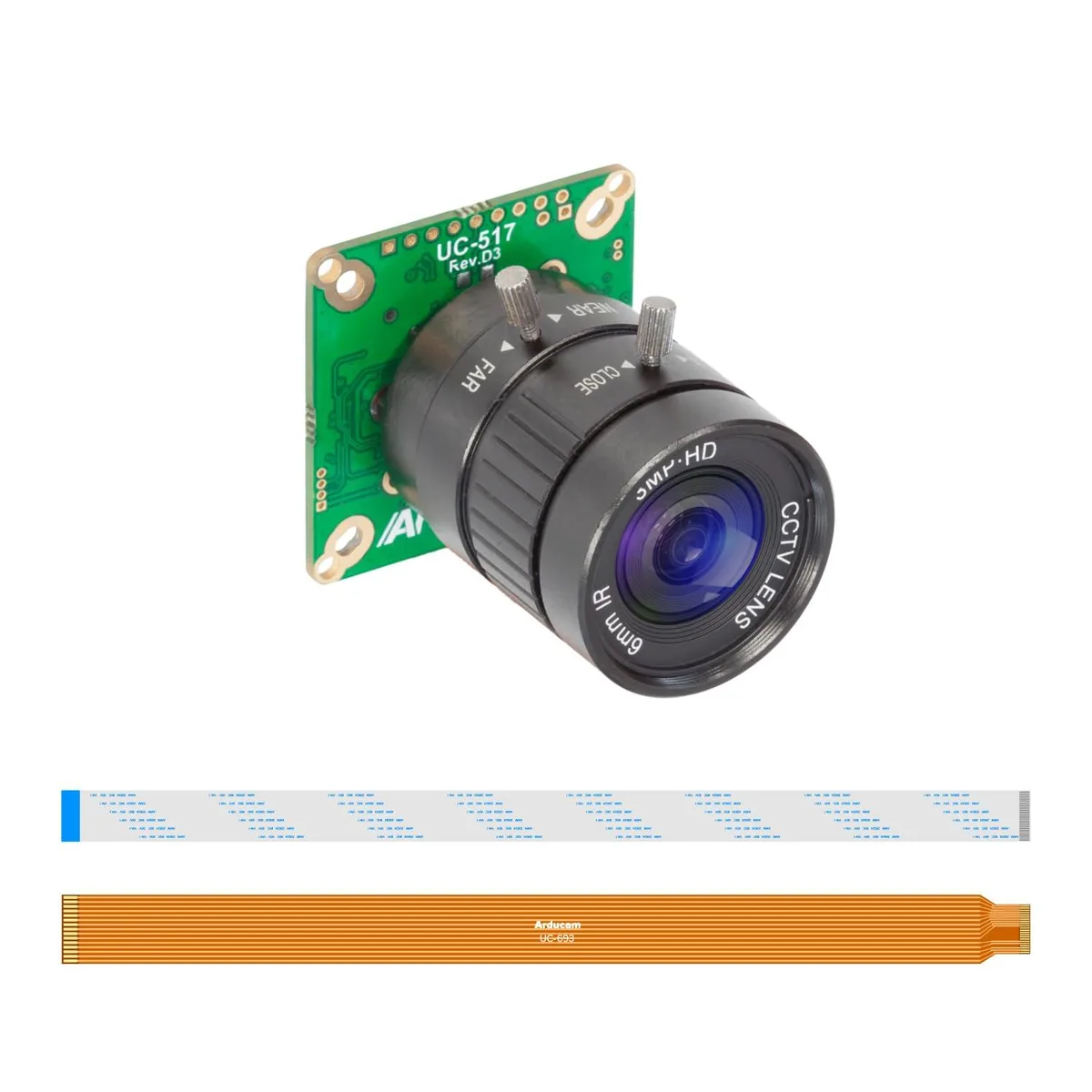 Small square camera board with silver CS-mount lens and two ribbon cables