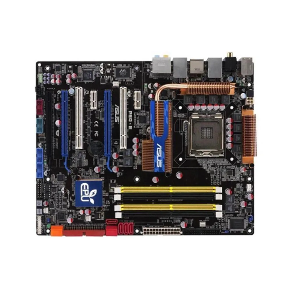ASUS P5Q-E ATX motherboard, green PCB with silver heatsinks, LGA 775 socket, DDR2 slots, SATA ports, I/O shield included