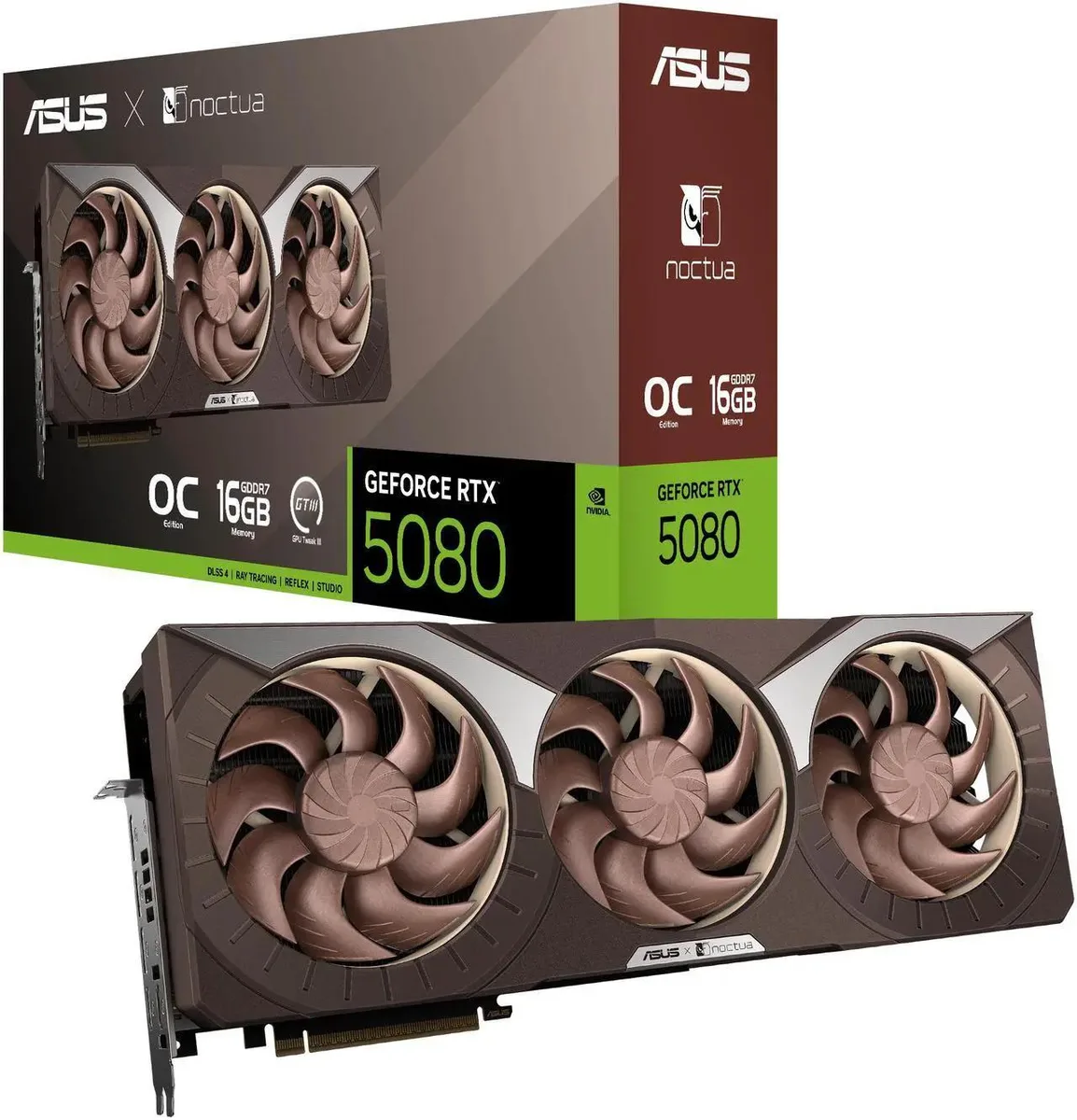 Large gray graphics card with two brown Noctua 120mm fans mounted on a triple-slot cooler