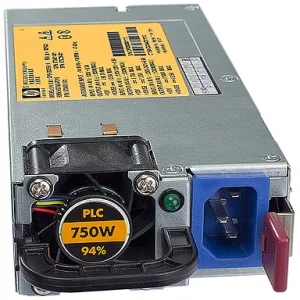 Rectangular silver server power supply with rear fan grille and side handle, 7.38 by 10.38 by 16.31 inches