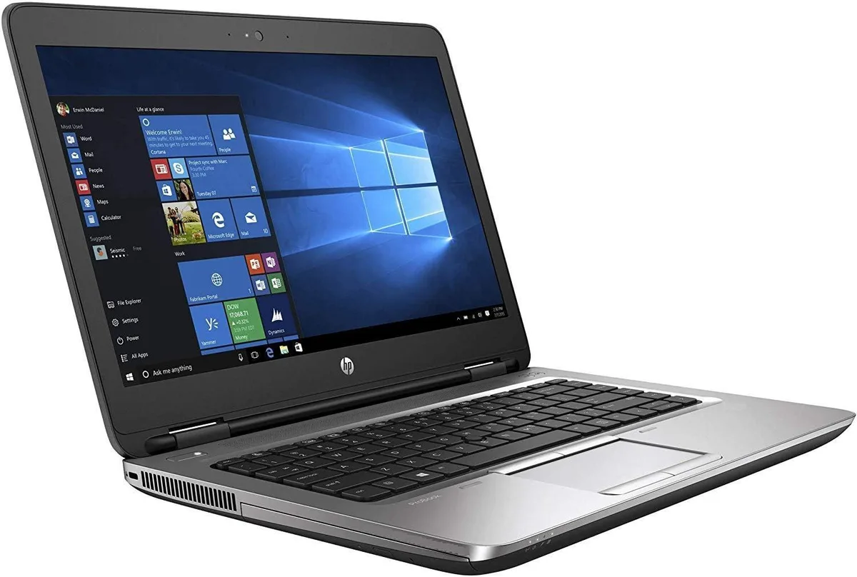 Black 14-inch business laptop with matte display, closed lid showing HP logo