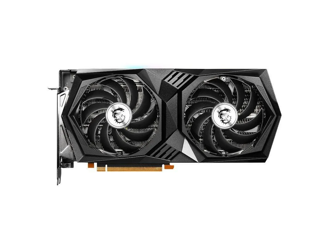 Dual-fan graphics card with silver and black shroud and backplate