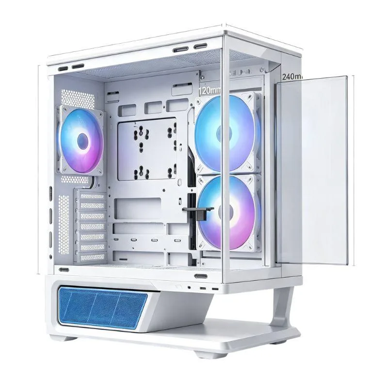 White mid-tower PC case with curved L-shaped tempered glass and floating base design