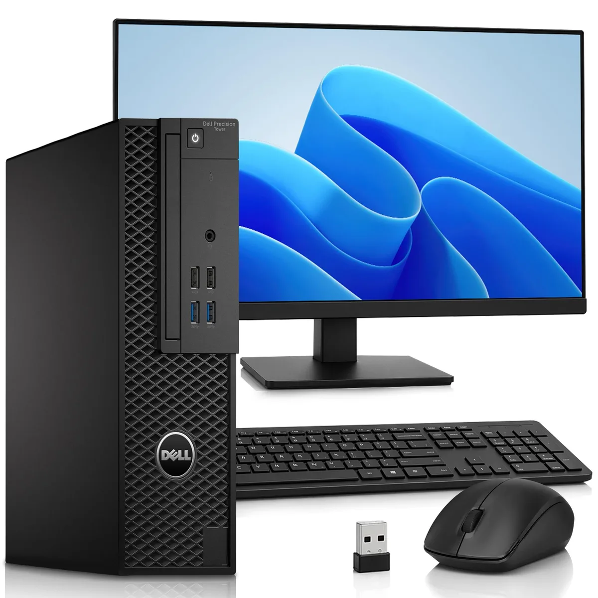 Small black Dell 3420 tower with 24 inch monitor, keyboard and mouse