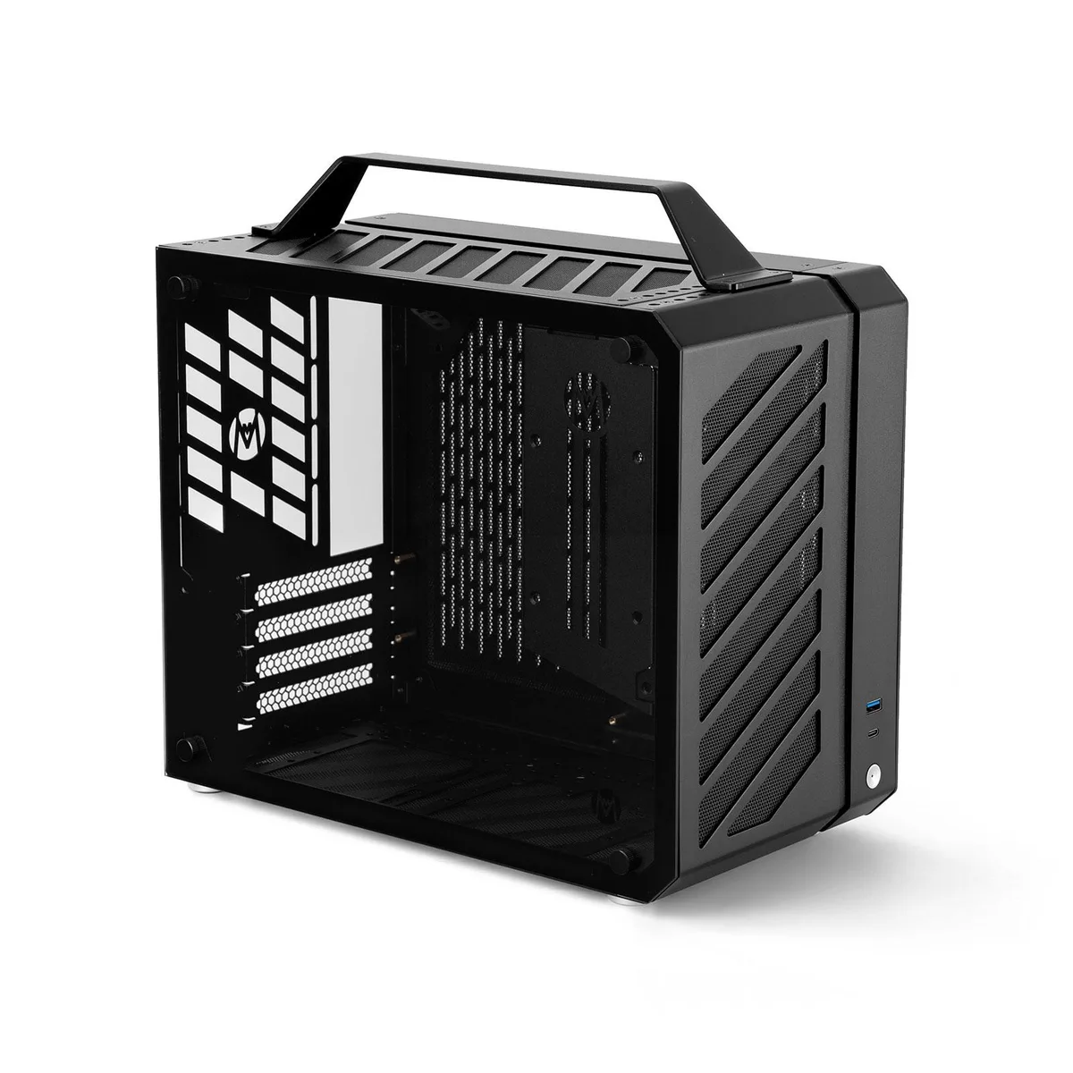 Compact 17.9L black Micro-ATX case with top carry handle, aluminum and tempered glass panels