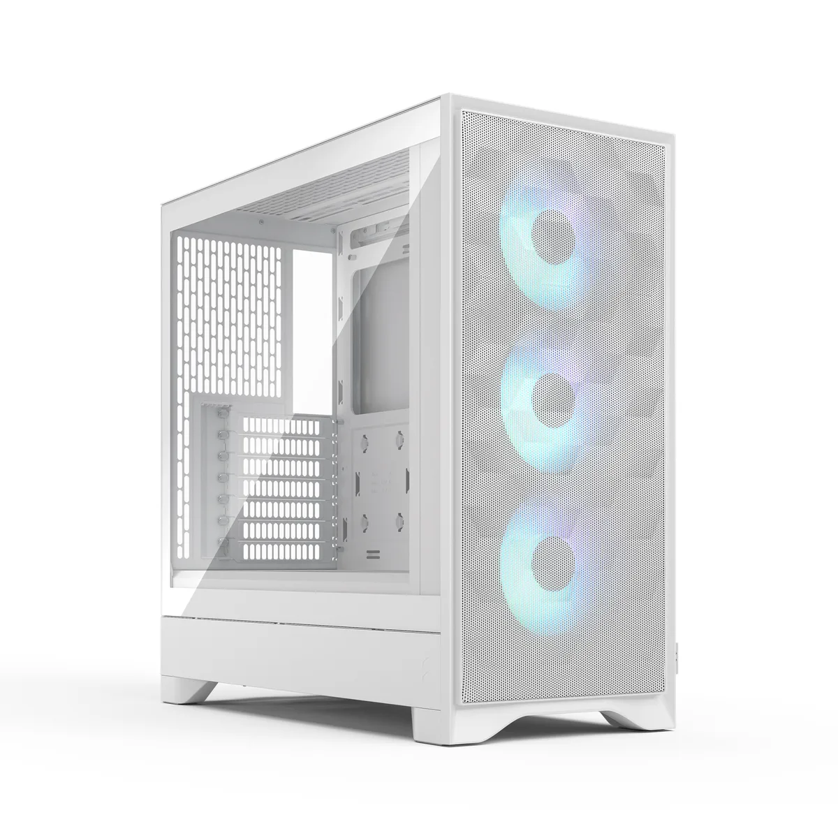 White mid-tower ATX case with mesh front panel, tempered glass side and three RGB fans