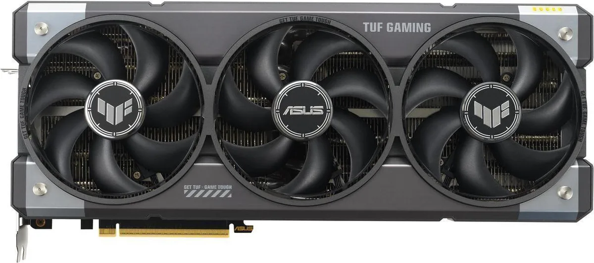 Large graphics card with three axial fans, industrial silver shroud, exposed heatsink fins and metal backplate