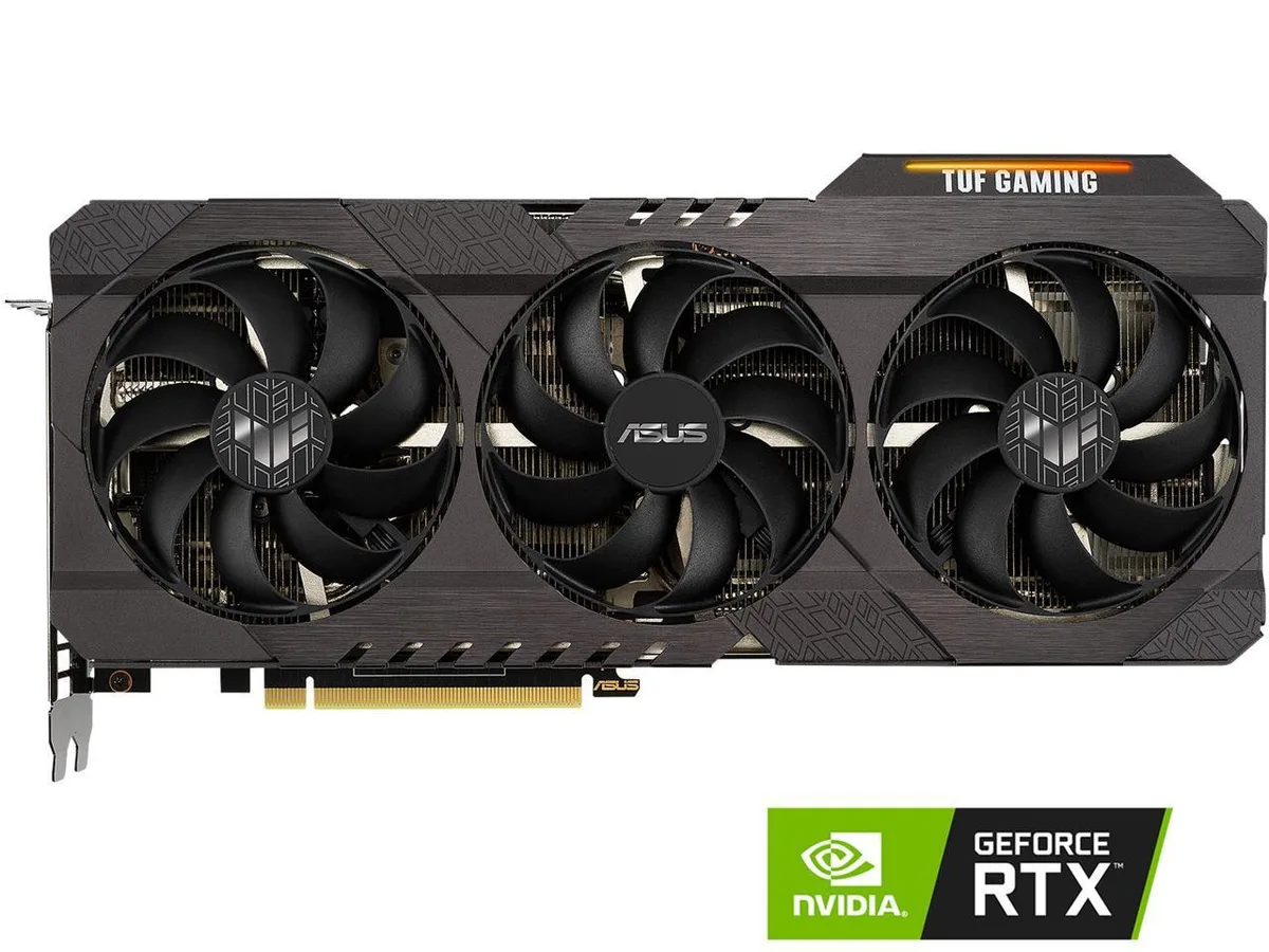 ASUS TUF Gaming RTX 3070 graphics card, triple-fan cooler, dark gunmetal finish, metal backplate, three DisplayPort and two HDMI ports