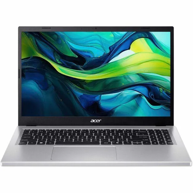 Silver 15.6 inch Acer laptop with matte screen and full-size keyboard