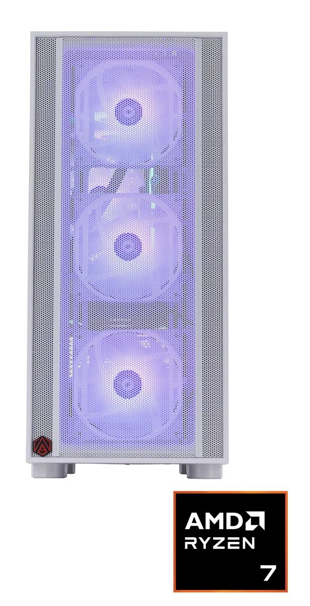 White mid-tower gaming desktop with glass side panel and RGB lighting visible inside