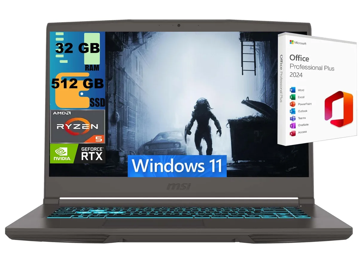 Gray gaming laptop with 15.6 inch display and backlit keyboard