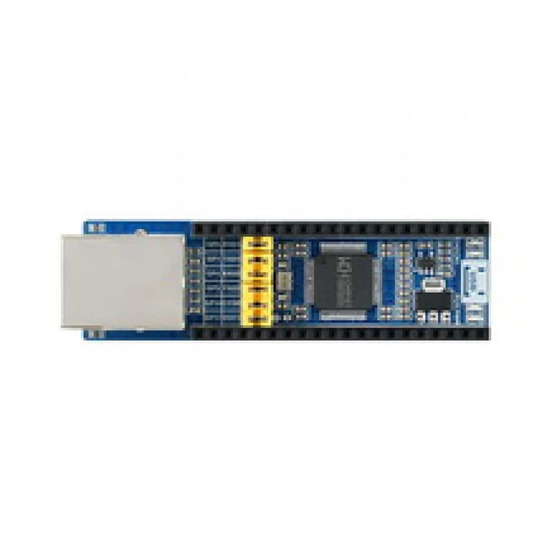 Green circuit board with Ethernet port and pin header