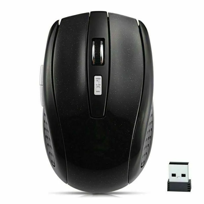 Black wireless gaming mouse with USB receiver stored inside, ergonomic plastic shape, three buttons and scroll wheel