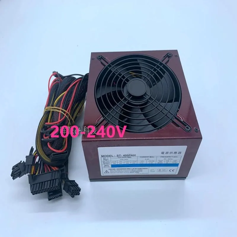Rectangular ATX power supply unit in matte black metal casing with ventilation grille and fan visible