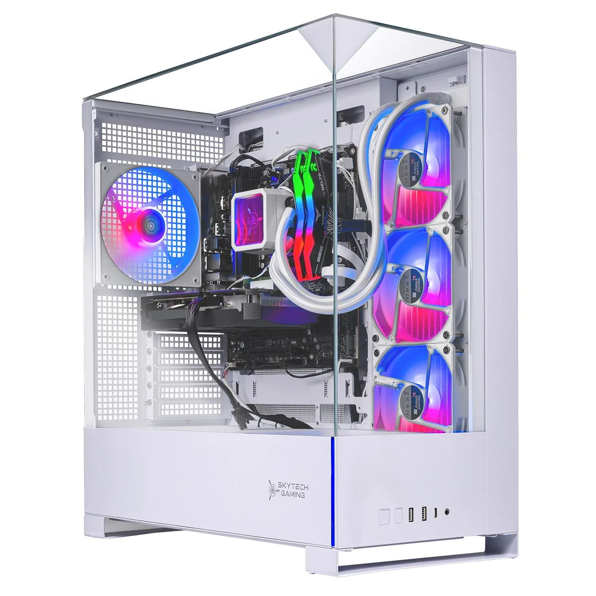 White mid-tower gaming desktop with ARGB liquid cooler visible through glass side panel