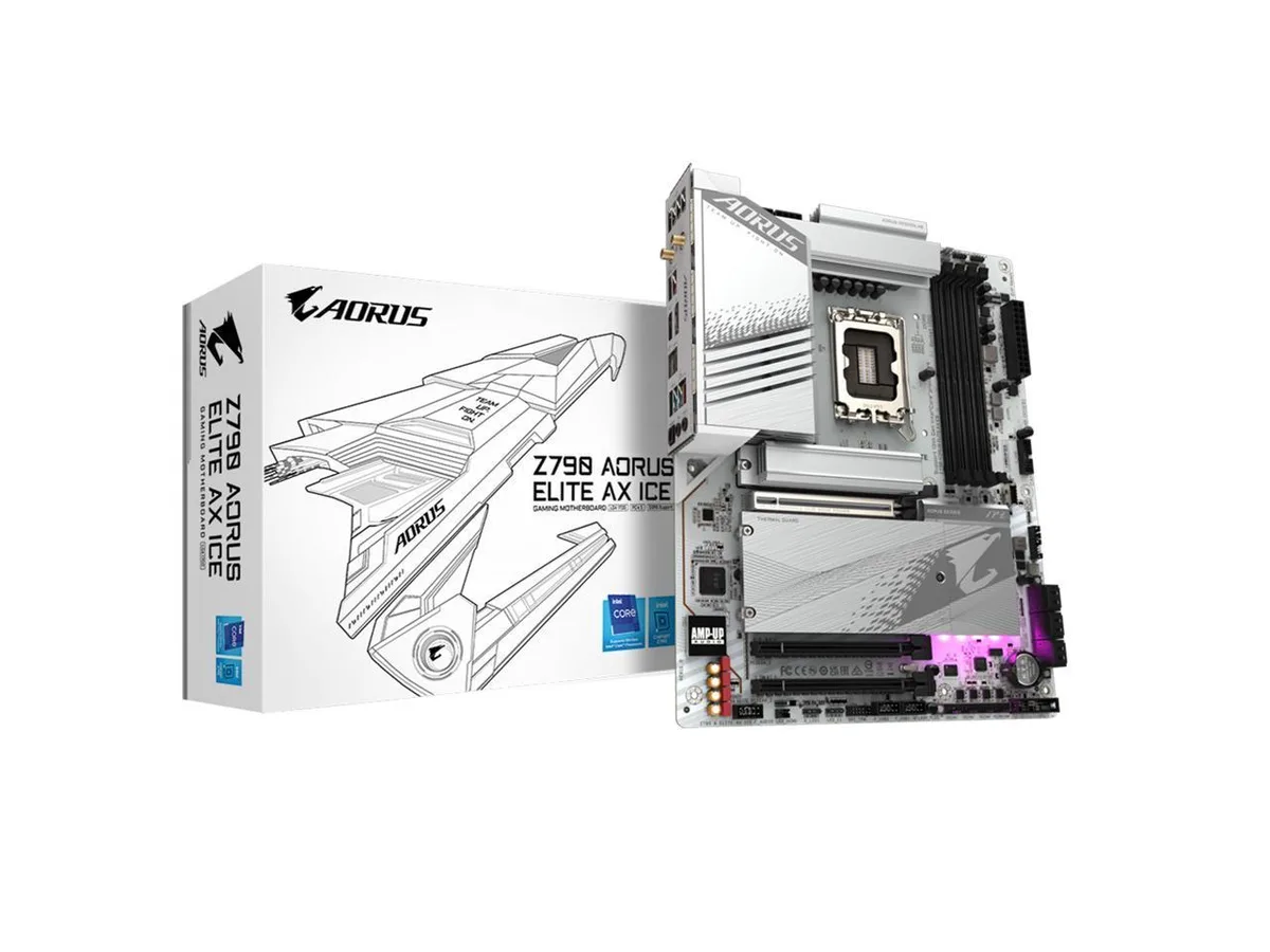 White ATX motherboard with silver heatsinks and rear I/O shield