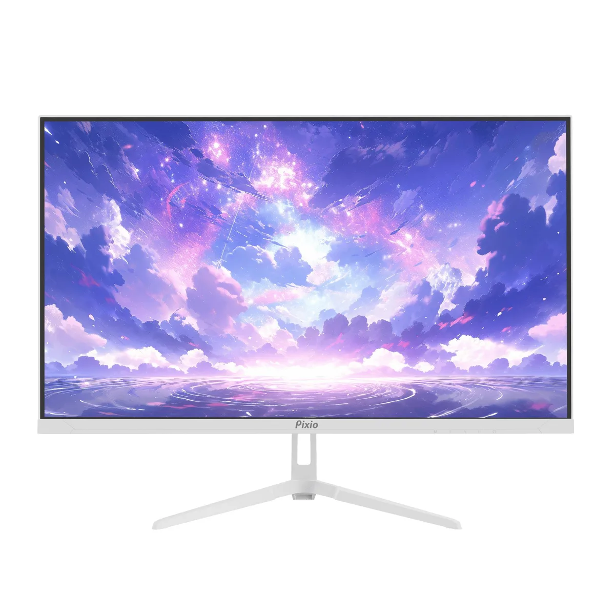 White 27 inch frameless IPS gaming monitor on a matching stand
