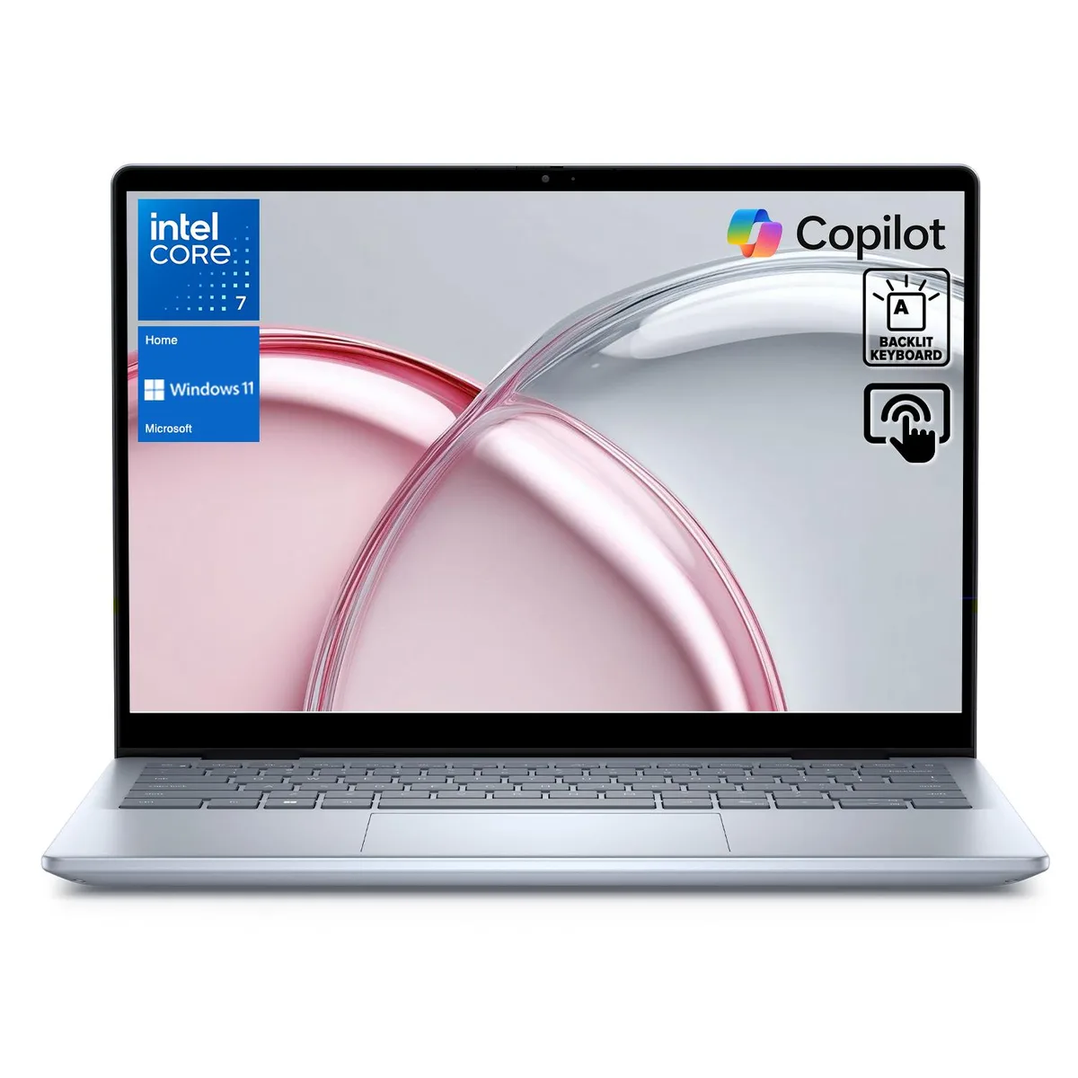 Blue 14-inch convertible laptop with touchscreen display, silver hinge accents and backlit keyboard