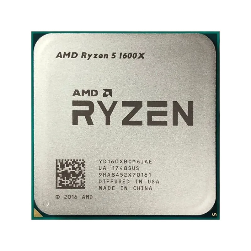 Square green ceramic chip with gold contact pads and silver metal heat spreader engraved with Ryzen 5 1600X