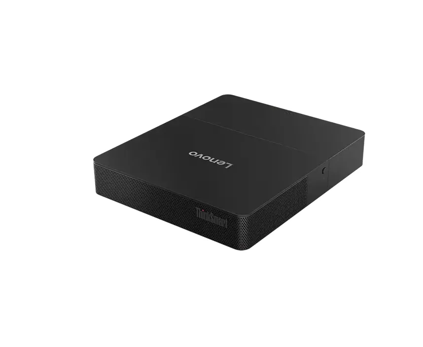 Compact Lenovo mini PC in dark finish with front USB-C and USB-A ports
