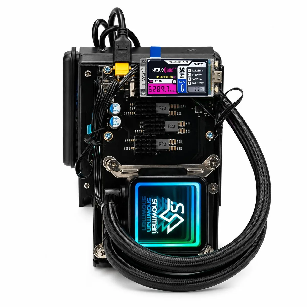 Compact hydro-cooled Bitcoin miner with integrated radiator, single fan and metal stand