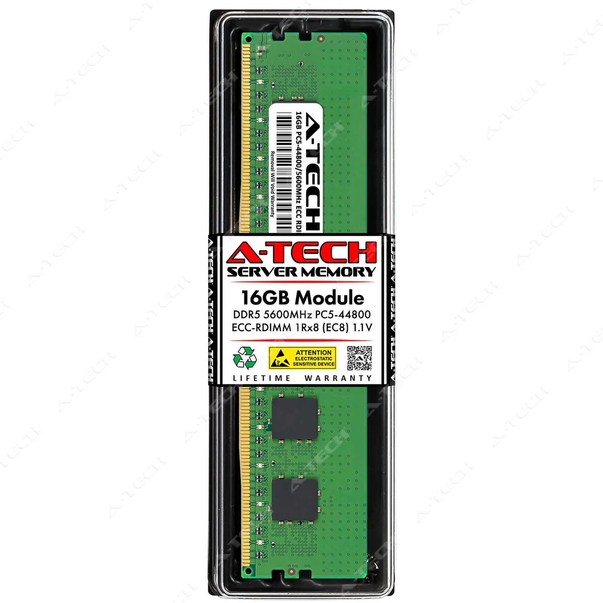 Green rectangular DDR5 memory module with gold contacts and black chips, no heat spreader