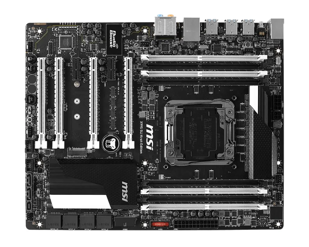 ATX motherboard black and white finish four PCIe slots LGA 2011-v3 socket
