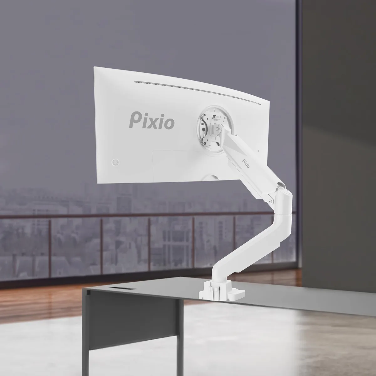 White monitor arm with gas spring joints and desk clamp base
