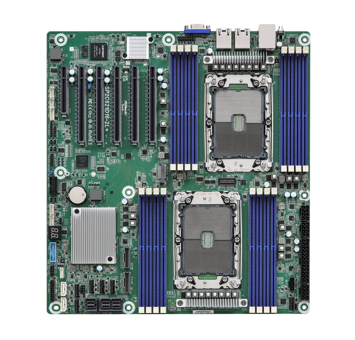 Green rectangular EEB server motherboard with dual LGA 4189 sockets, sixteen DDR4 slots, multiple PCIe slots and rear I/O ports