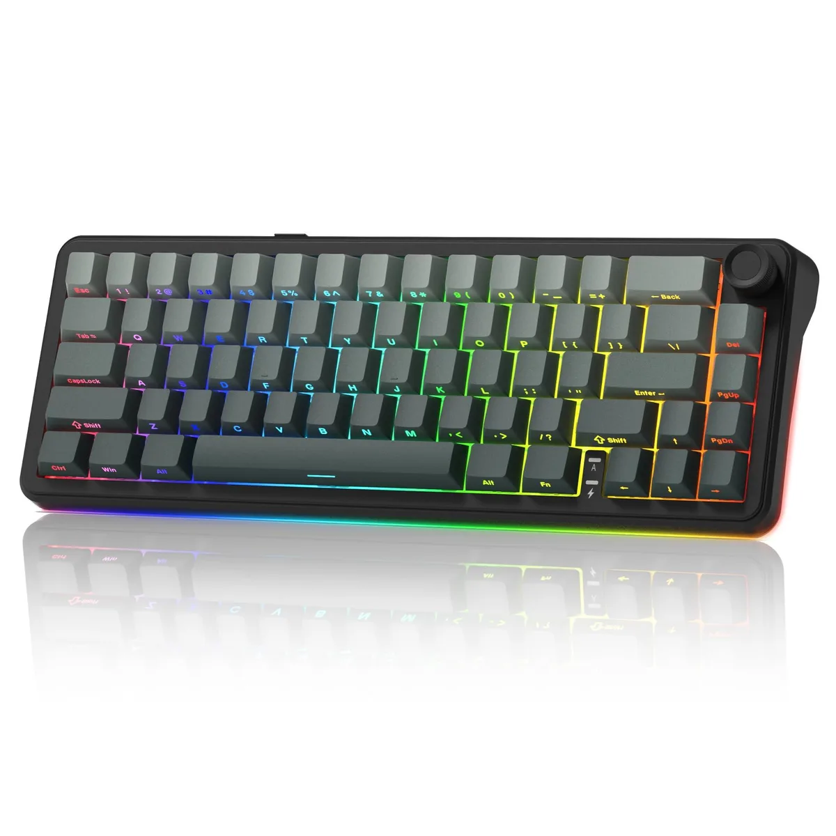 Compact black 60 percent mechanical keyboard with volume knob and gradient grey keycaps