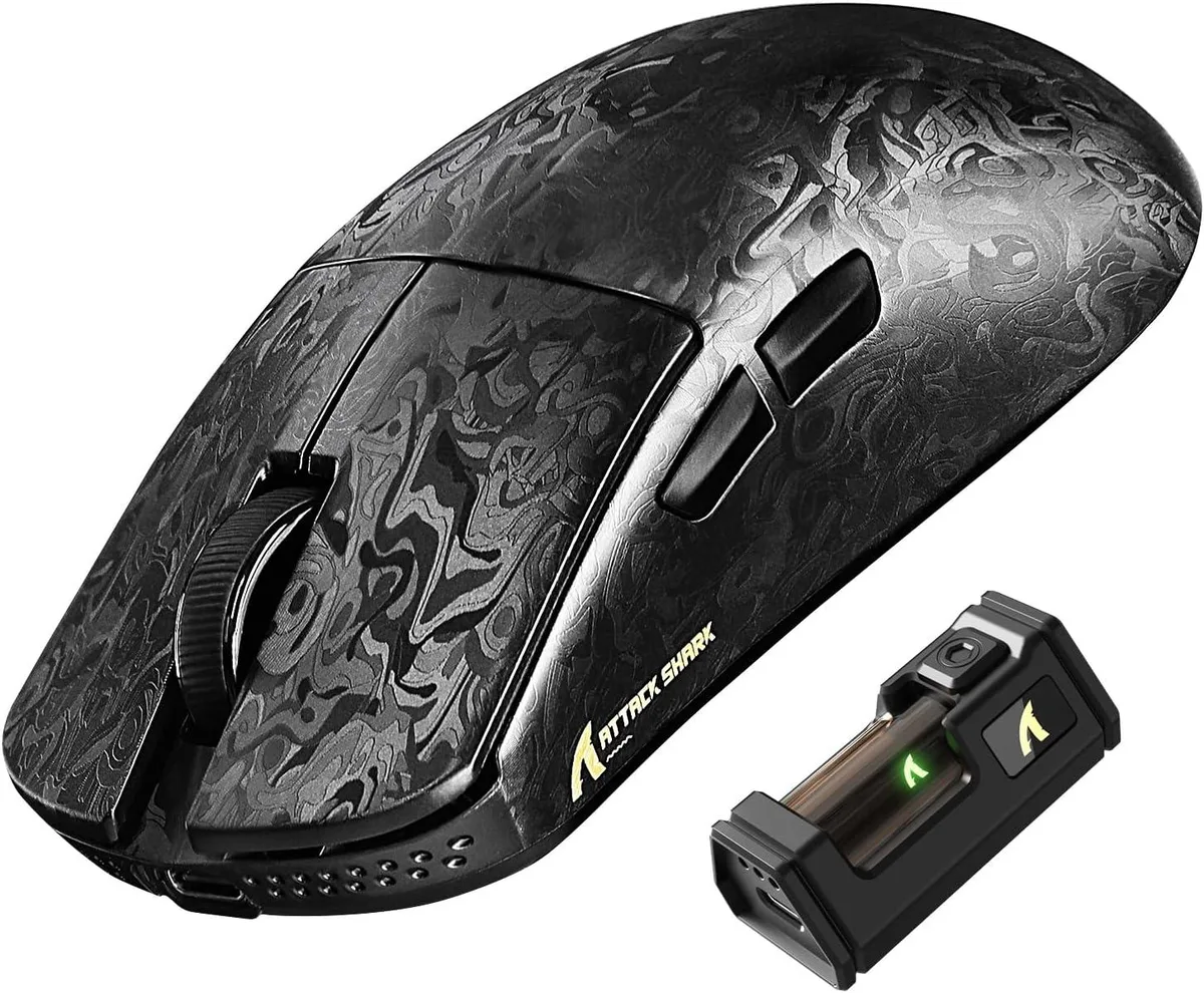 Right-handed carbon-fibre gaming mouse in dark ink finish, lightweight ergonomic shell with five buttons and USB-C cable