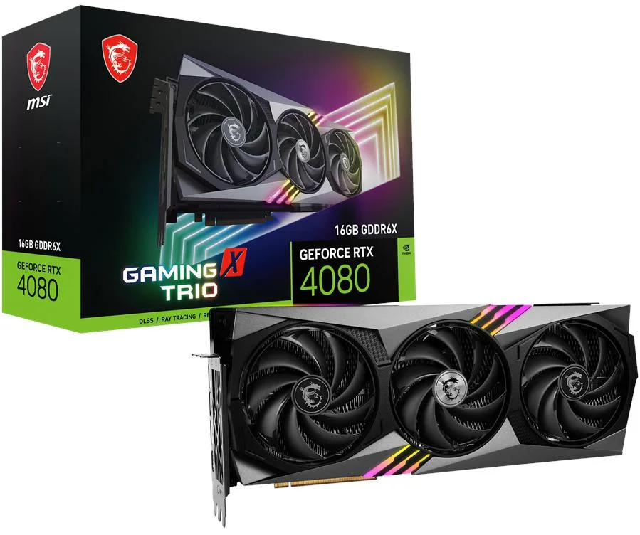 MSI Gaming X Trio RTX 4080 triple-fan graphics card with silver shroud and RGB lighting