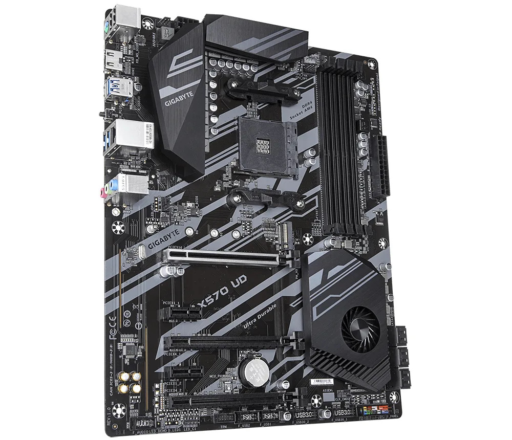ATX motherboard in black with silver heatsinks and rear I/O shield