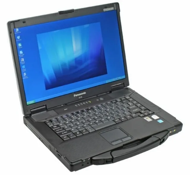 Rugged black and silver laptop with 15.4 inch display and port covers