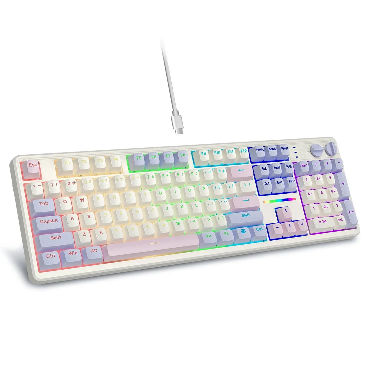 White and pink full-size mechanical keyboard with gasket structure, dual knobs and RGB side lighting