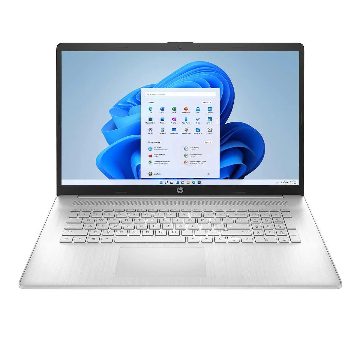Silver 17.3 inch touchscreen laptop with full-size keyboard and numeric keypad