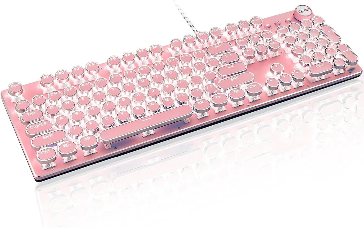Retro steampunk mechanical keyboard with round white keycaps, aluminium panel, white LED backlight and side control knob