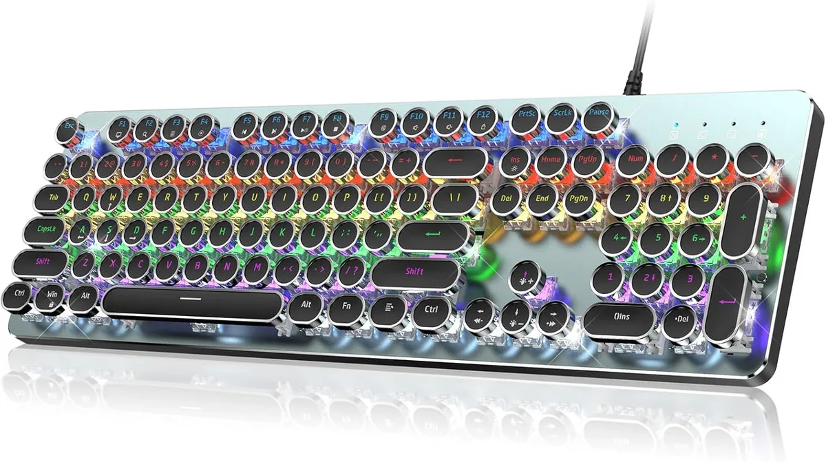 Full-size mechanical keyboard with round retro keycaps, matte metal top panel, rainbow backlighting