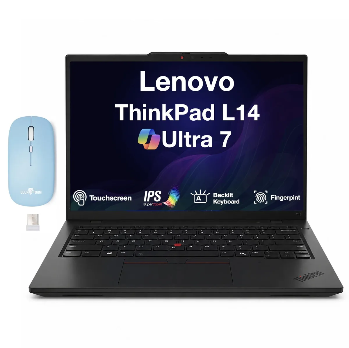 Black 14 inch touchscreen laptop with backlit keyboard and fingerprint reader
