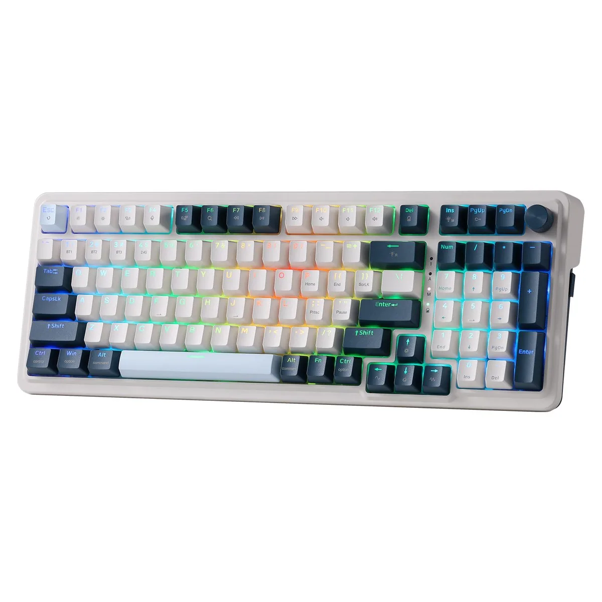 Compact 98-key wireless mechanical keyboard in blue-grey finish with aluminium control knob, gasket-mounted frame and RGB backlighting